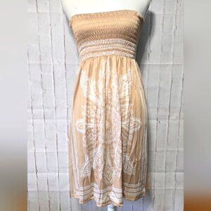 Boho Strapless Midi Cover-Up Dress – Tan & White Print – One Size – New in Bag